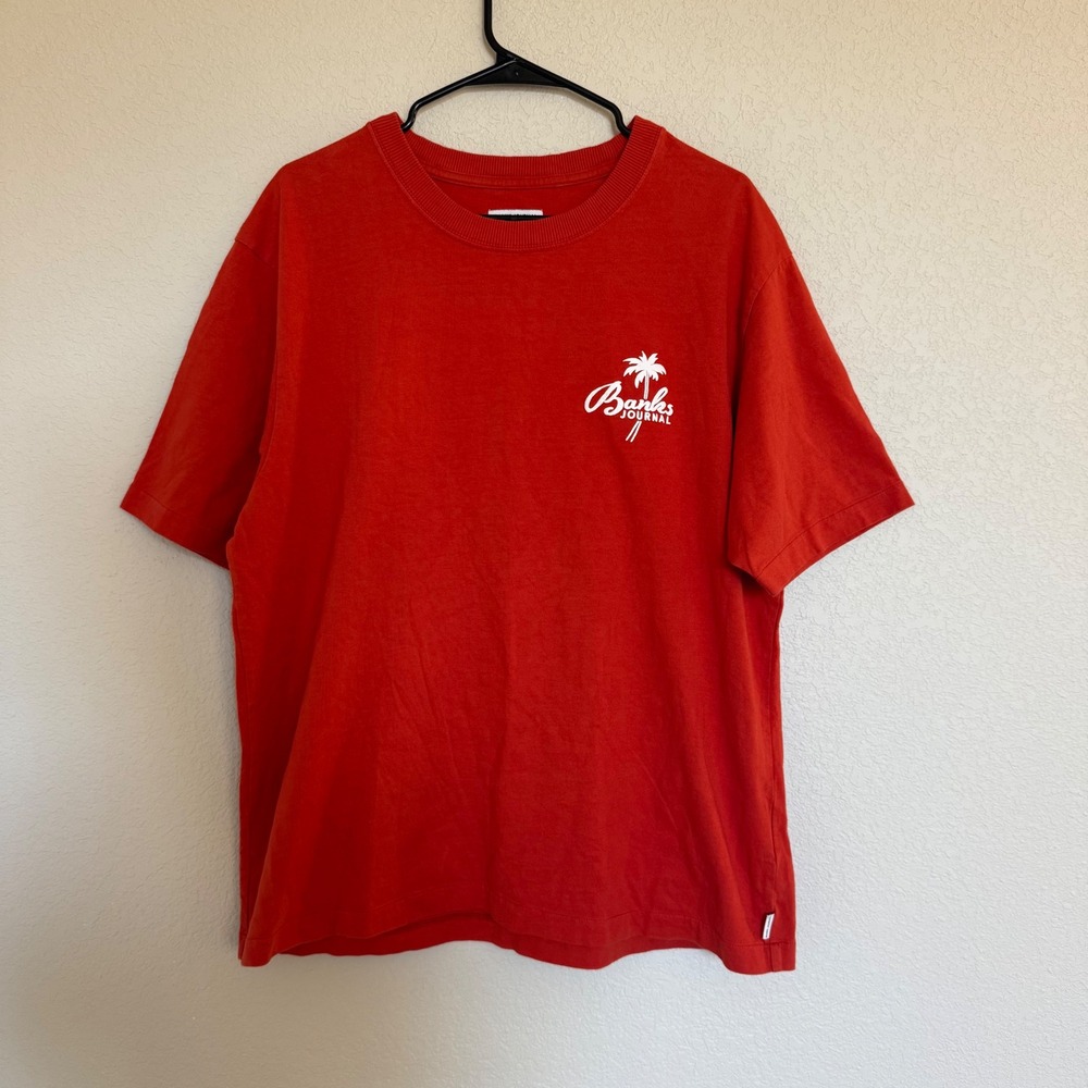 Banks Journal Mens Red Organic Cotton Graphic T-Shirt Large Palm Tree Logo